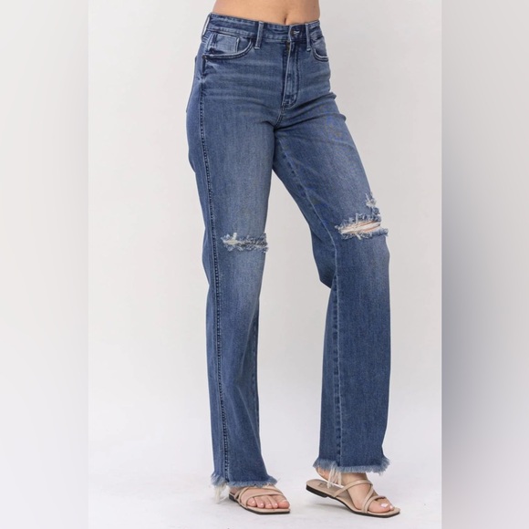 Judy Blue High Waist W/ Knee Destroy Straight Denim Jeans 82498 size 13/31 - Picture 4 of 9